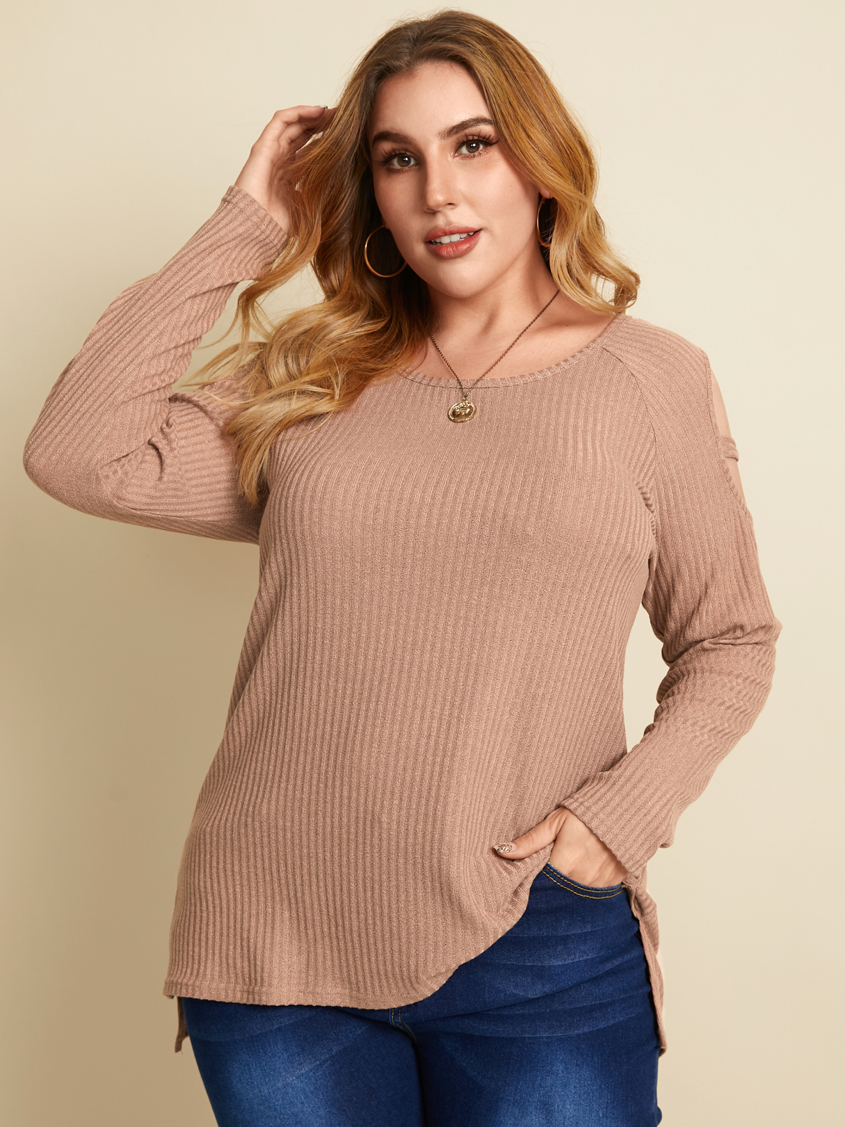 YOINS Plus Size Round Neck Cut Out Long Sleeves Knitwear