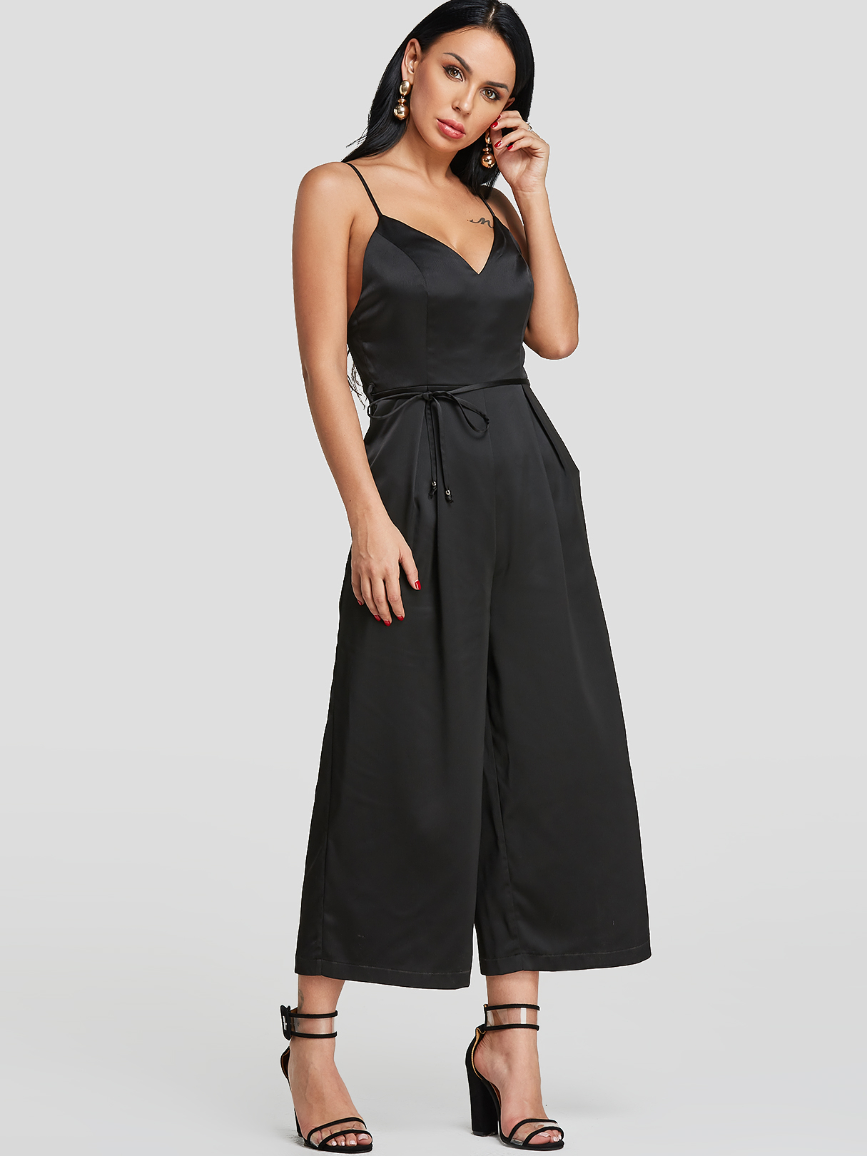 Black Backless Design Spaghetti Wide Leg Jumpsuit