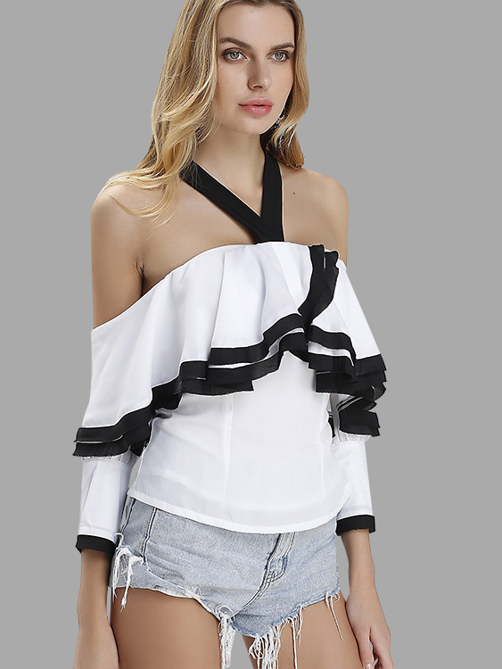 Long Sleeves Halter Top with Flounced Hem