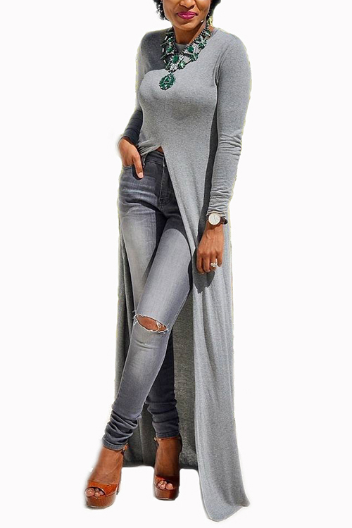 Grey Round Neck Long Sleeve Slit Hem Maxi Dress