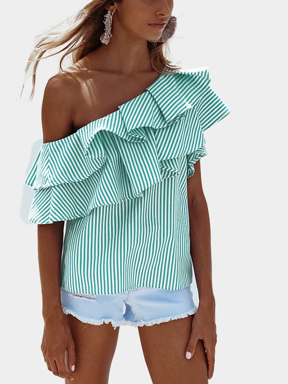 Green Sexy Stripe Pattern One Shoulder Flouncy Details Top