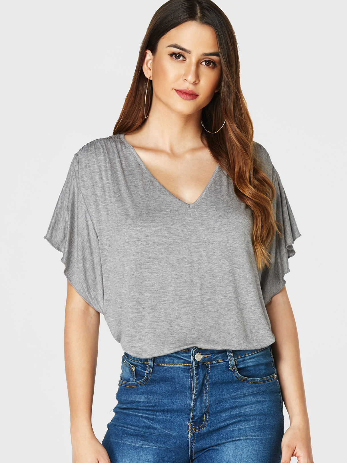 YOINS Grey V-neck Ruffle Sleeves Tee