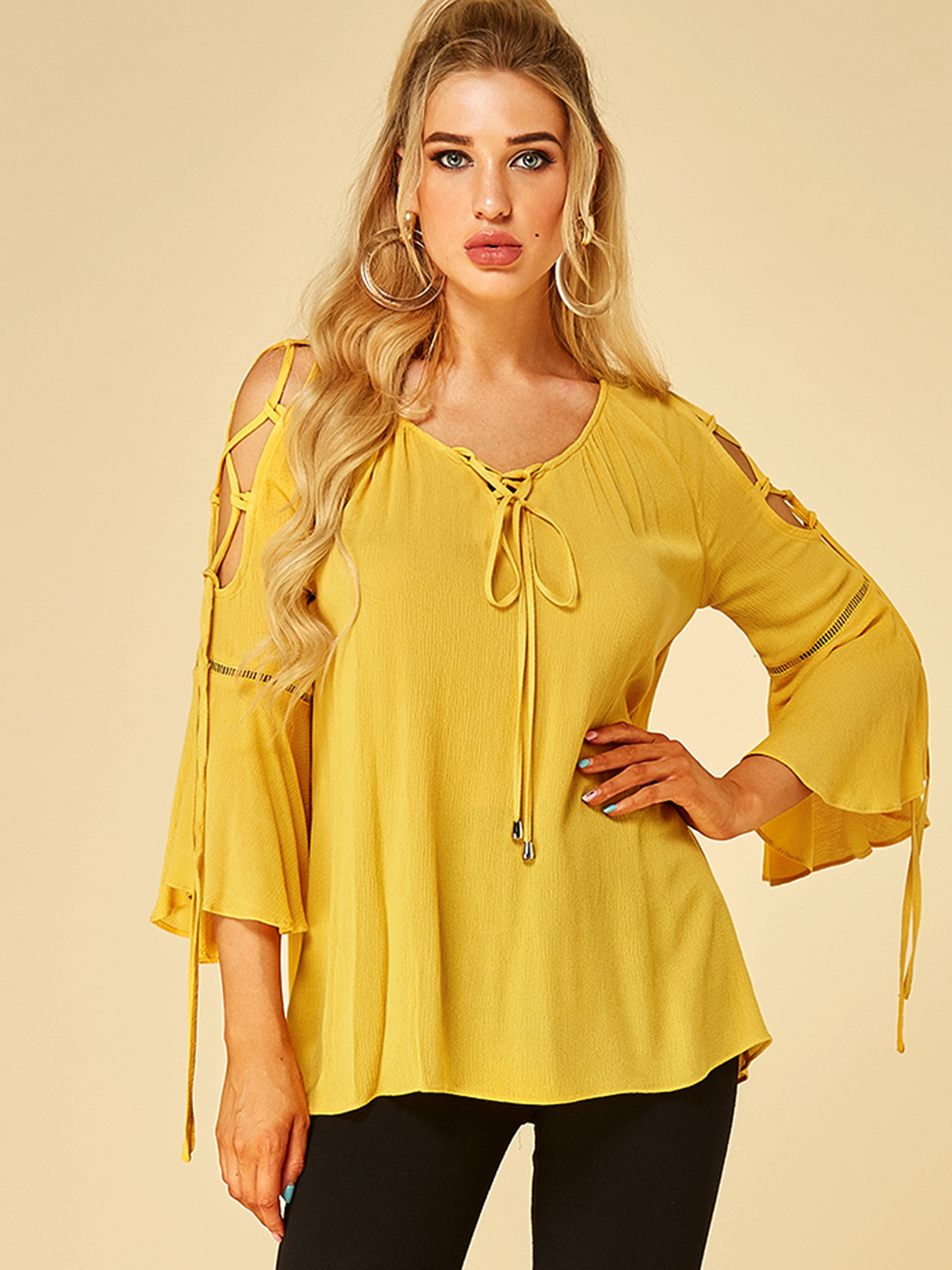 YOINS Yellow Lace-up Design Round Neck Bell Sleeves Blouse