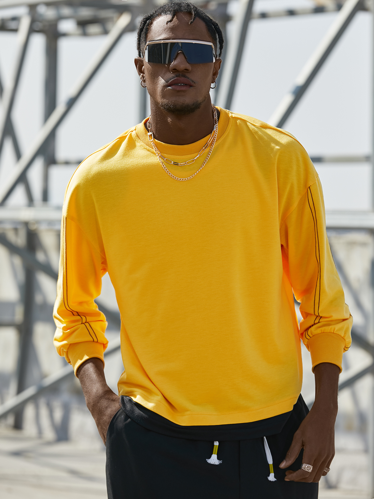 KOYYE Men Casual Plain Splice Hem Crew Neck Sweatshirt