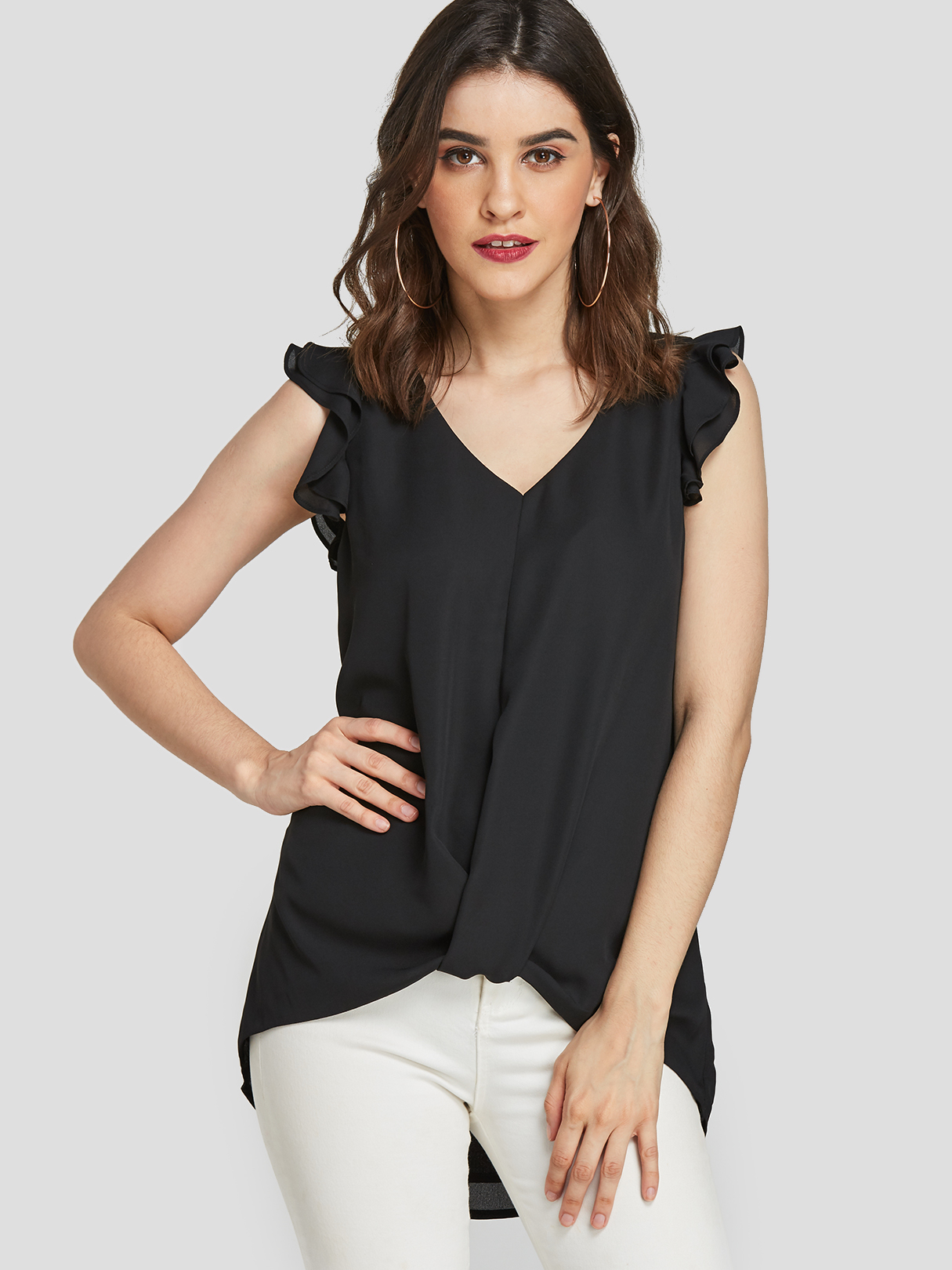 YOINS Black Twist Ruffle sleeves V-neck High-Low hem Tank Top