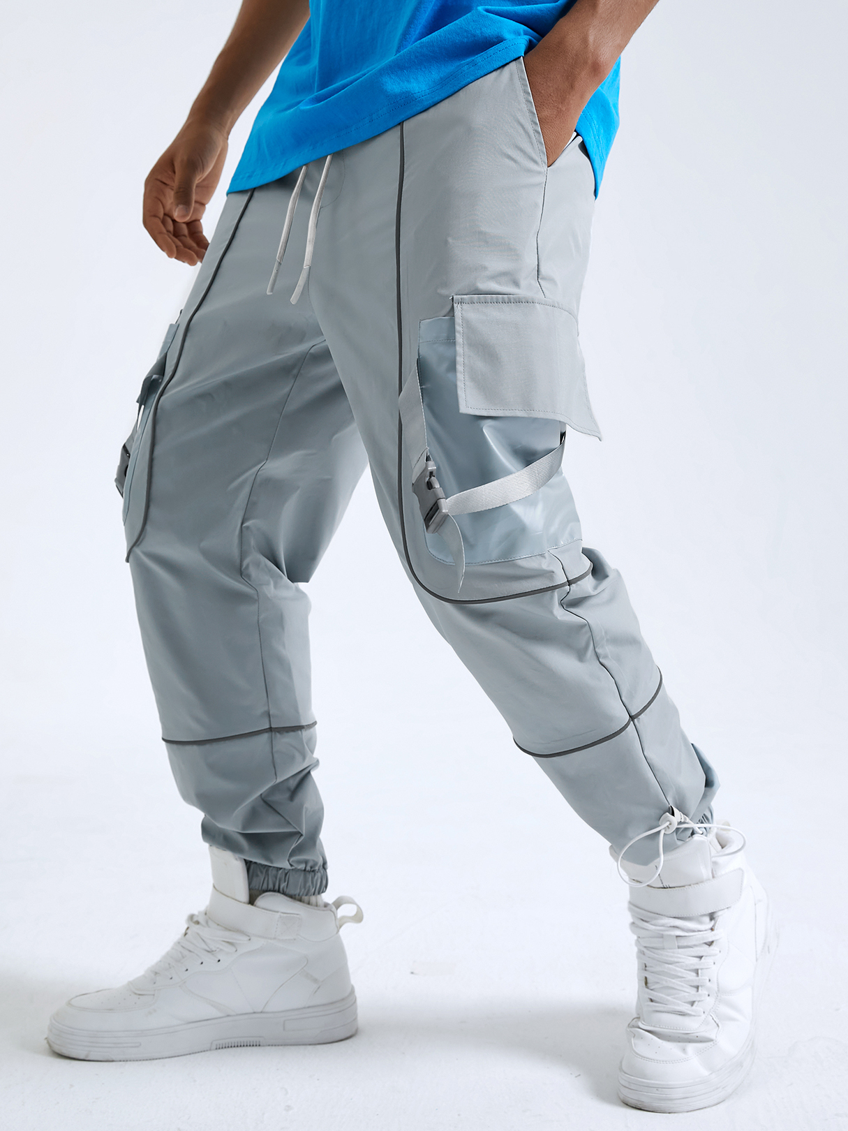 Men Fashion Plain Ribbon Design Drawstring Waist Cargo Pants