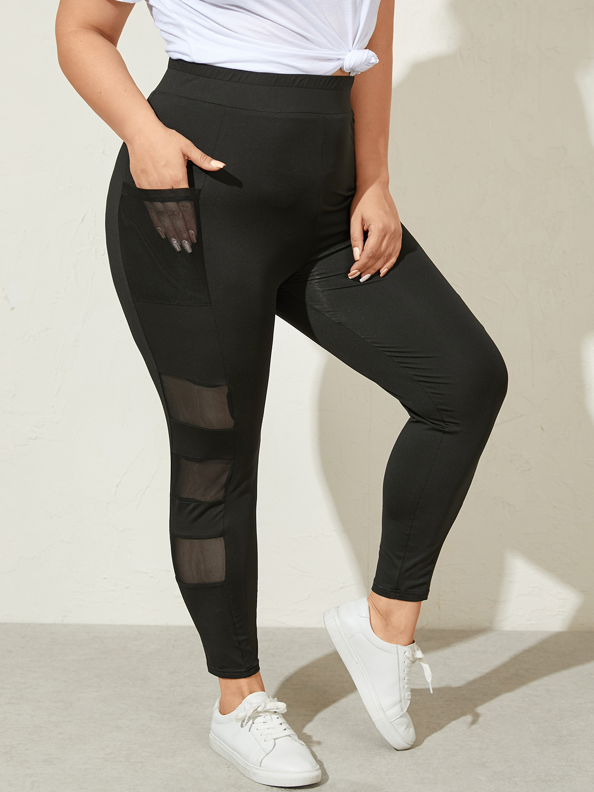 YOINS Plus Size Mesh Patchwork Pocket Design Leggings