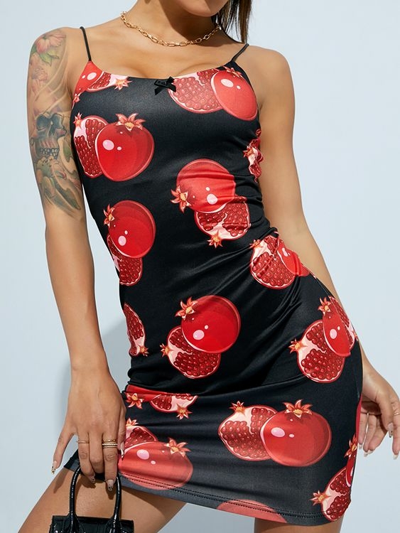 YOINS Pomegranate Print Backless Design Bowknot Mini Dress