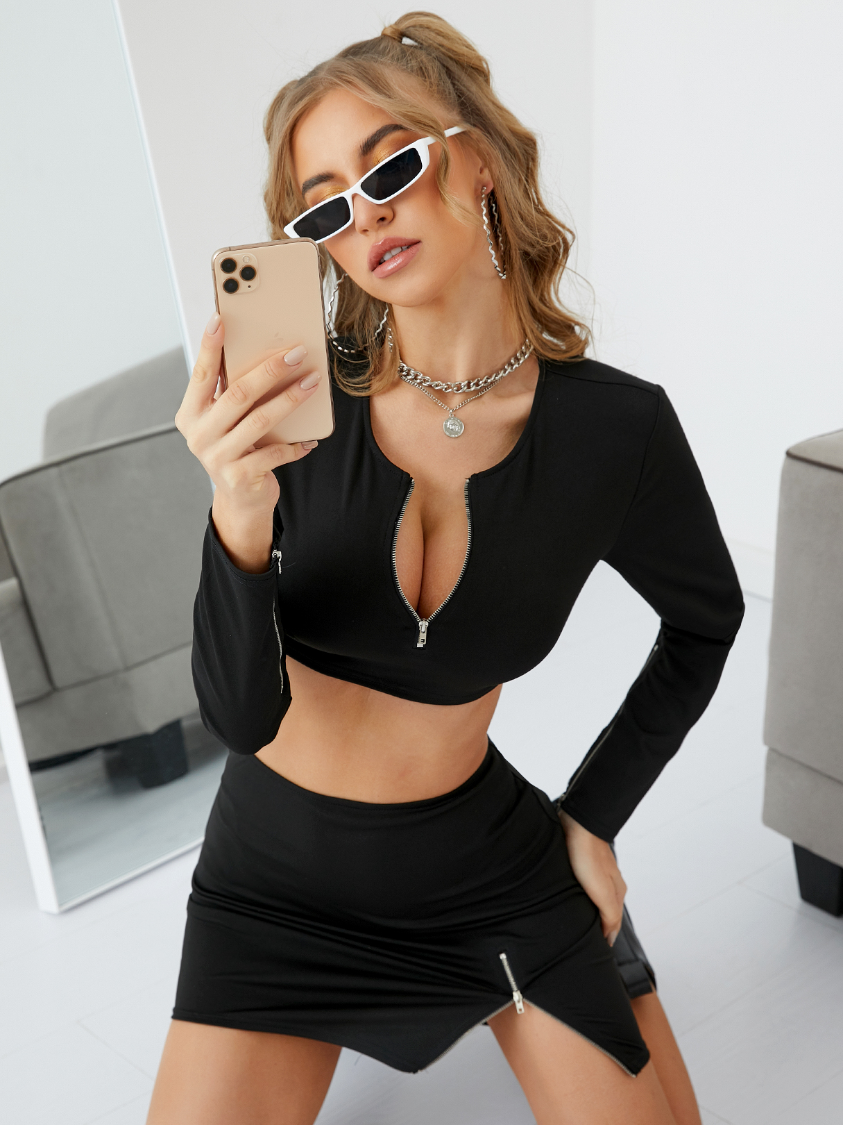 YOINS Black Zip Design Crew Neck Long Sleeves Top With Mini Skirt Set