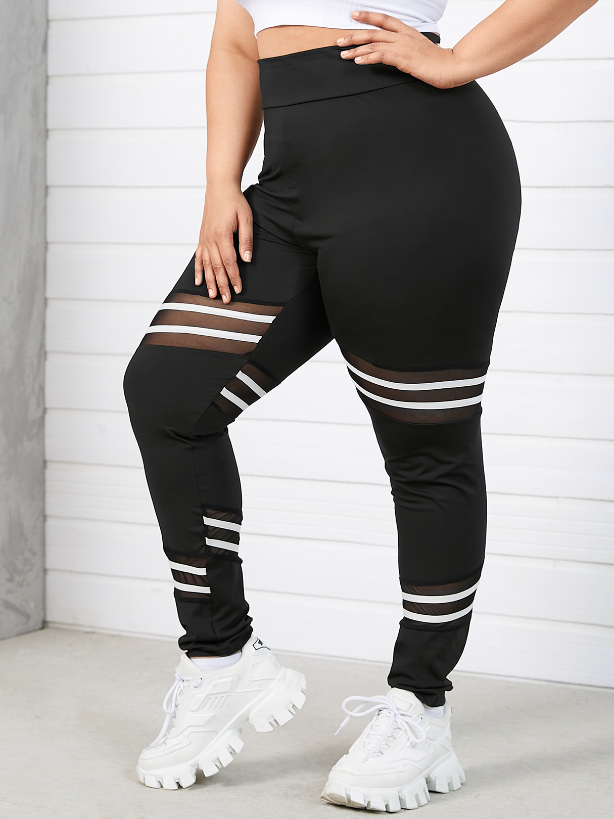 YOINS Plus Size Striped Mesh Patchwork Leggings