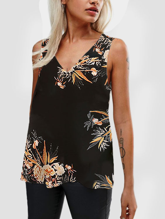 Black Random Floral Print V-neck Camis