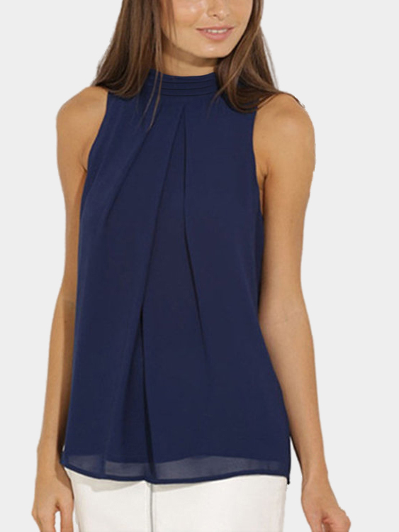 Navy High Neck Open Back Pleated Chiffon Tank Top