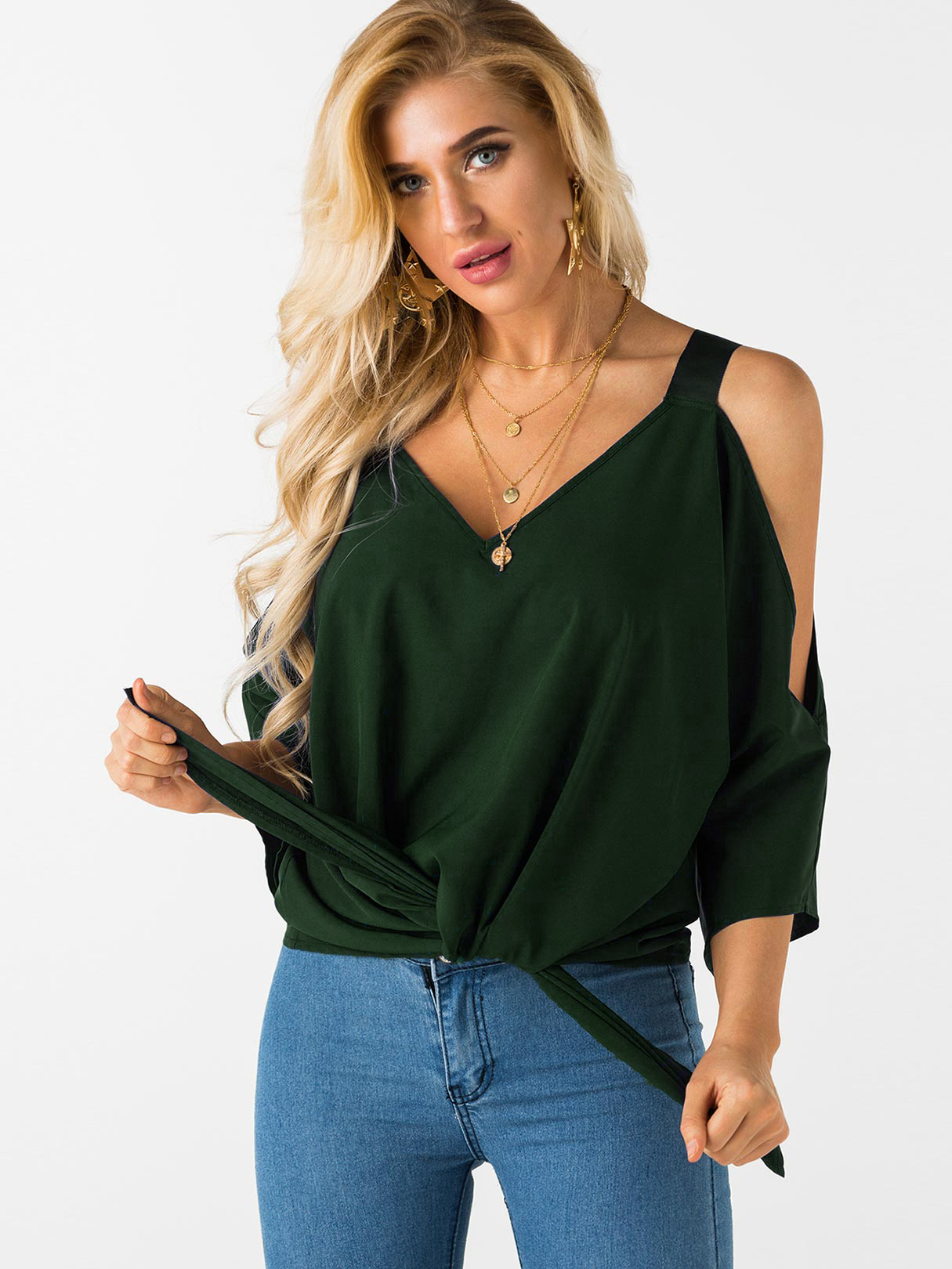 Dark Green Lace-up Design Cold Shoulder Bat Sleeves Top