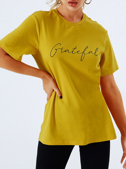 YOINS Yellow Letter Round Neck Short Sleeves Tee