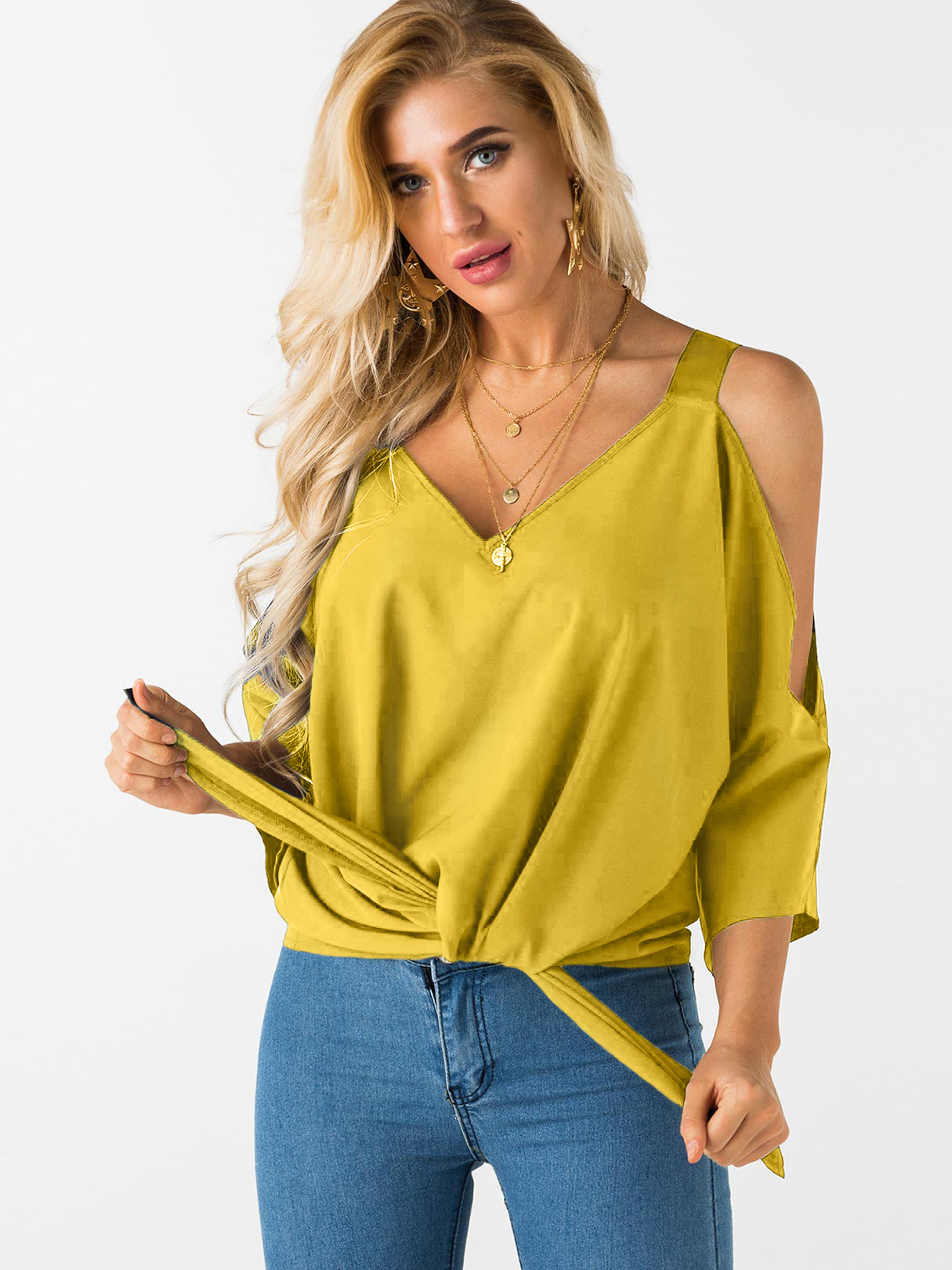 Yellow Lace-up Design Cold Shoulder Bat Sleeves Top