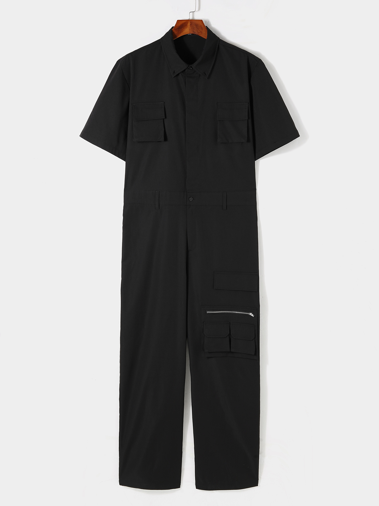 Men Stylish Black Multi-Pocket Short Sleeves Cargo Overalls Jumpsuit