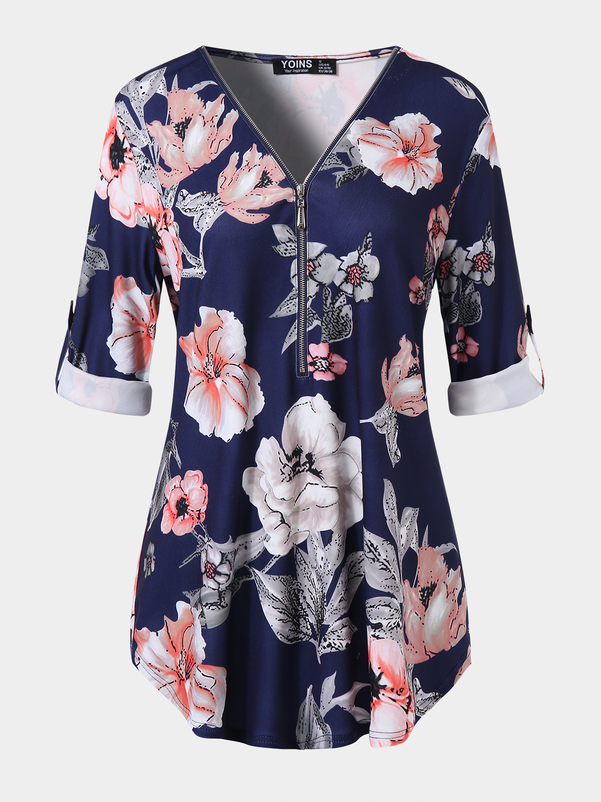 Navy Random Floral Print Zip Design V-neck Adjustable Sleeve Length Blouse