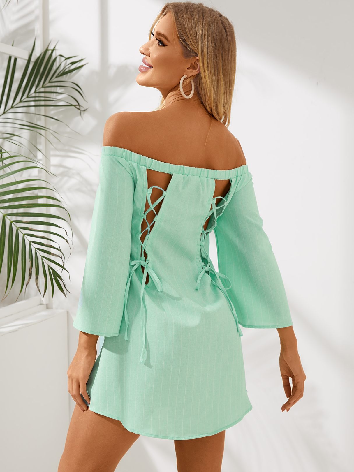 Green Sexy Off Shoulder Lace Up Stripe Pattern Mini dress