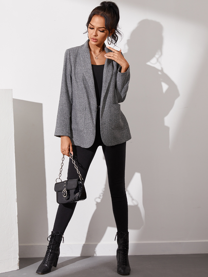 YOINS Grey Pocket Design Lapel Collar Long Sleeves Blazer