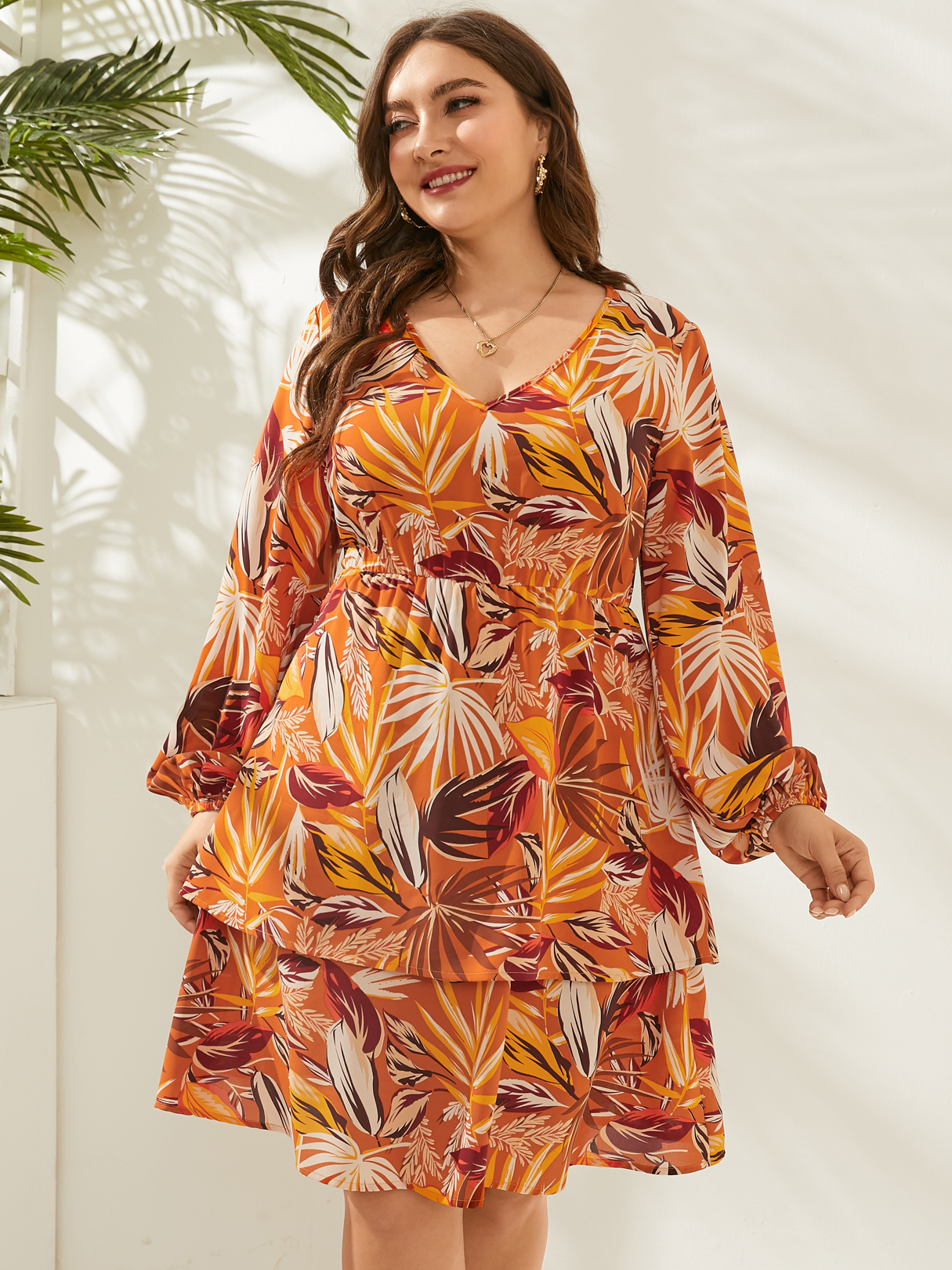 YOINS Plus Size V-neck Floral Print Double Layer Long Sleeves Dress