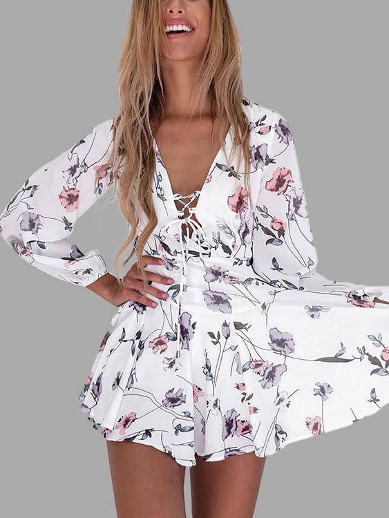 White Criss-Cross Radom Floral Print V-neck Long Sleeves Dress