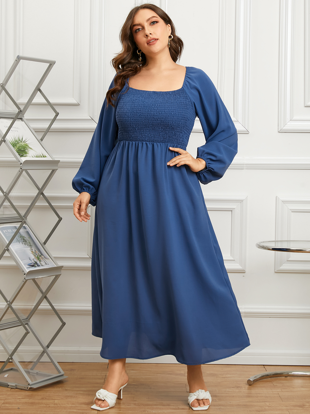 YOINS Plus Size Shirring Cut Out Tie-up Design Long Sleeves Dress