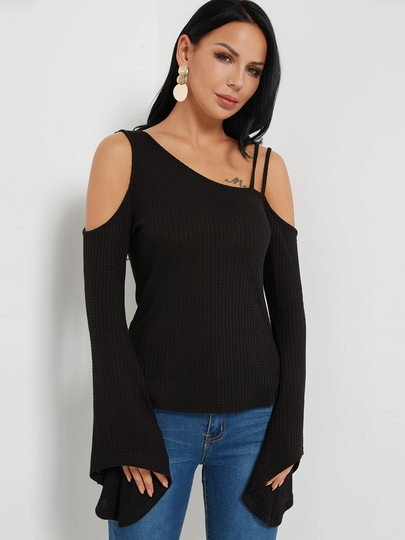 Black Plain Asymmetrical Cold Shoulder Long Bell Sleeves T-shirt