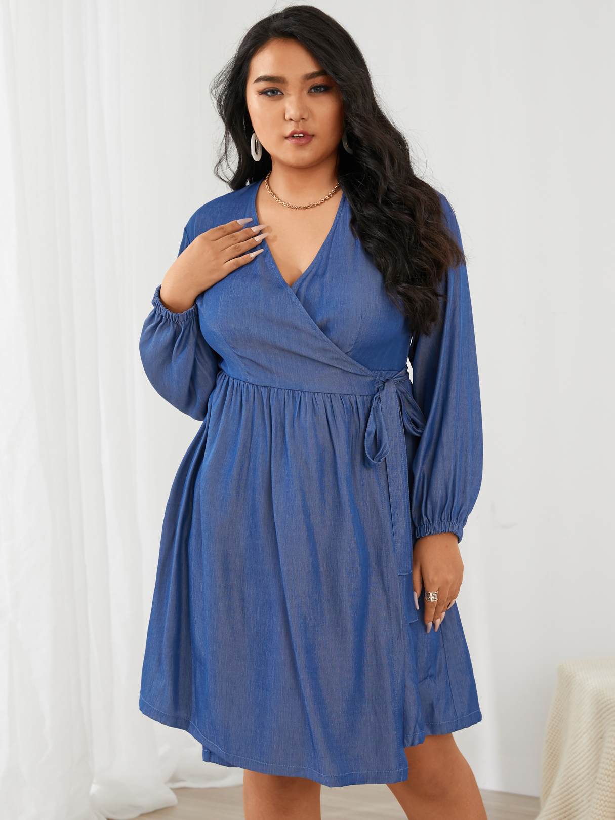 YOINS Plus Size V-neck Wrap Design Tie-up Design Long Sleeves Dress