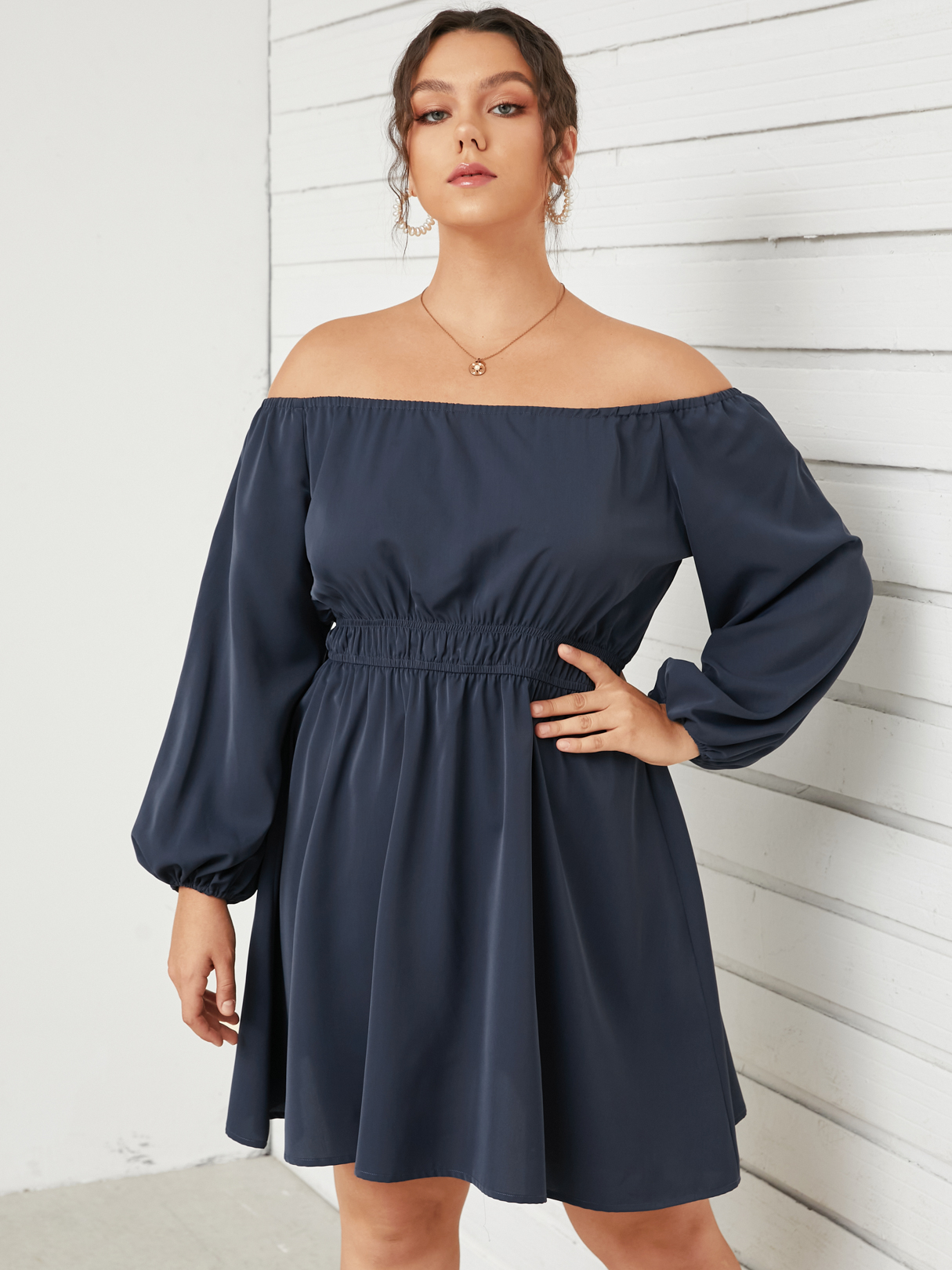 YOINS Plus Size Off The Shoulder Elastic Waist Long Sleeves Dress