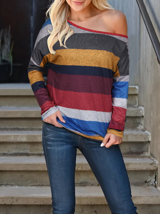 YOINS Color Block Striped One Shoulder Long Sleeves Tee