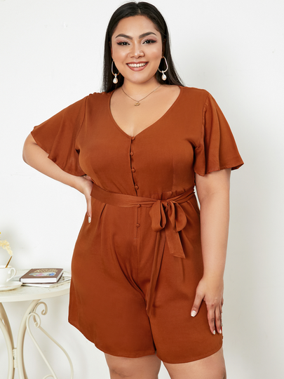 YOINS Plus Size V-neck Belt Design Button Design Short Sleeves Playsuit