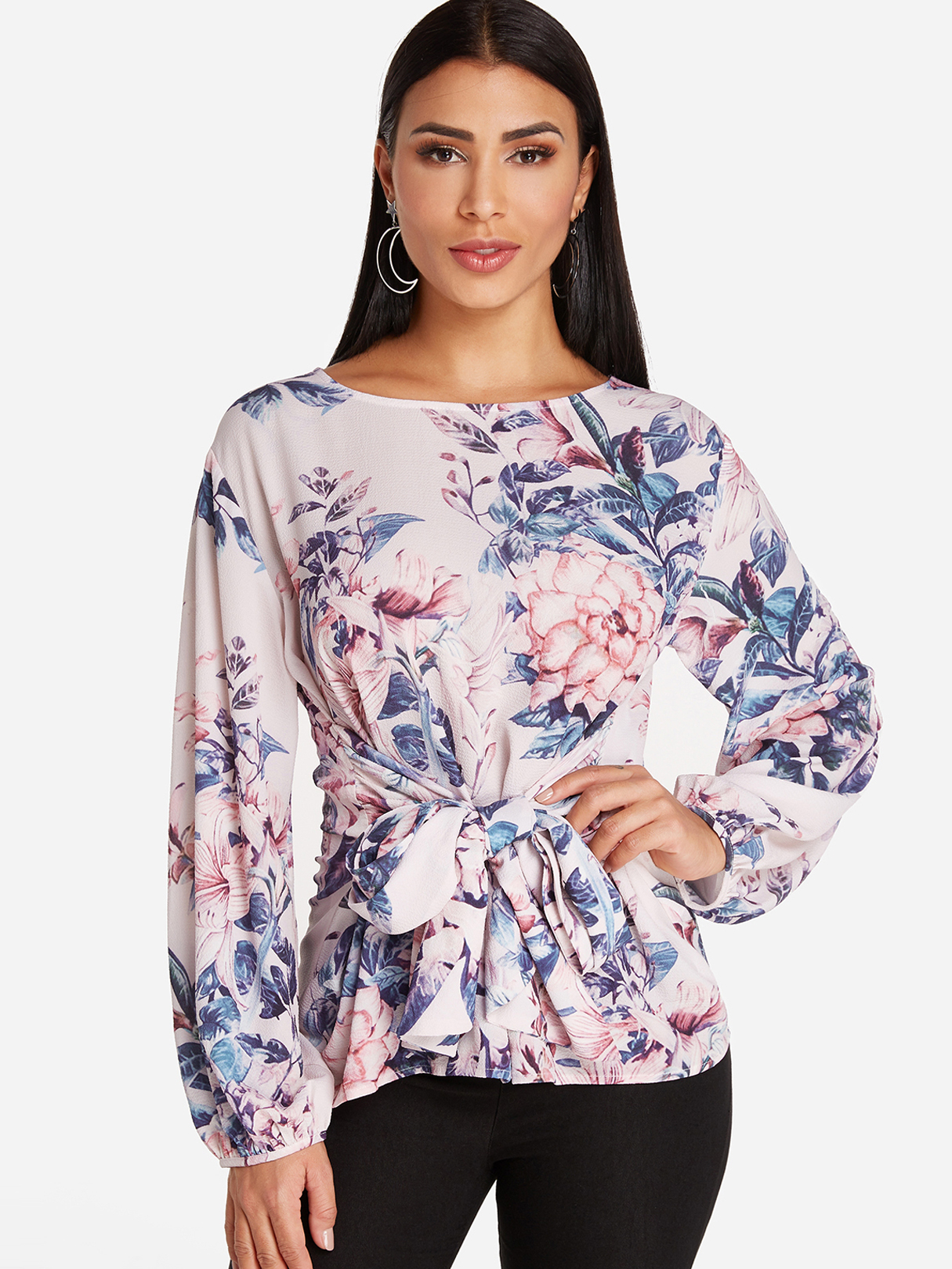 Random Floral Print Self-tie Design Round Neck Long Sleeves Blouses
