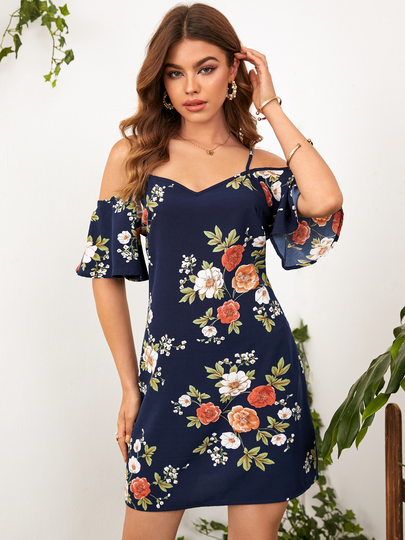 YOINS Navy Cold Shoulder Floral Print Bell Sleeves Mini Dress