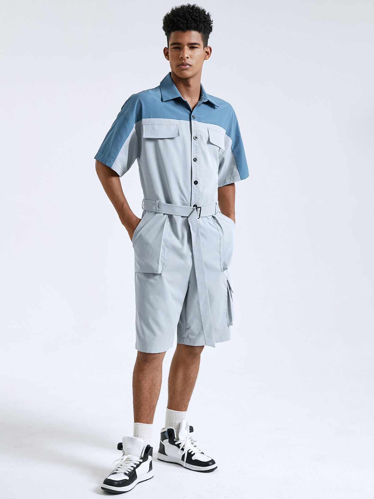 Men Casual Color Block Splicing Belt Design Short Sleeves Cargo Overalls Jumpsuit