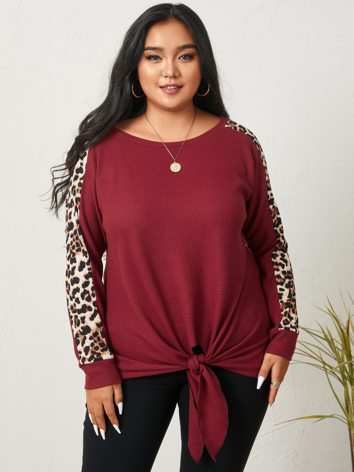 YOINS Plus Size Round Neck Tie-up Design Waffle Long Sleeves Knitwear