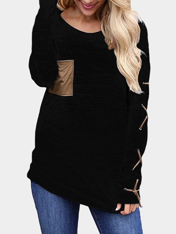 Black Lace-up Design Plain Round Neck Long Sleeves T-shirt