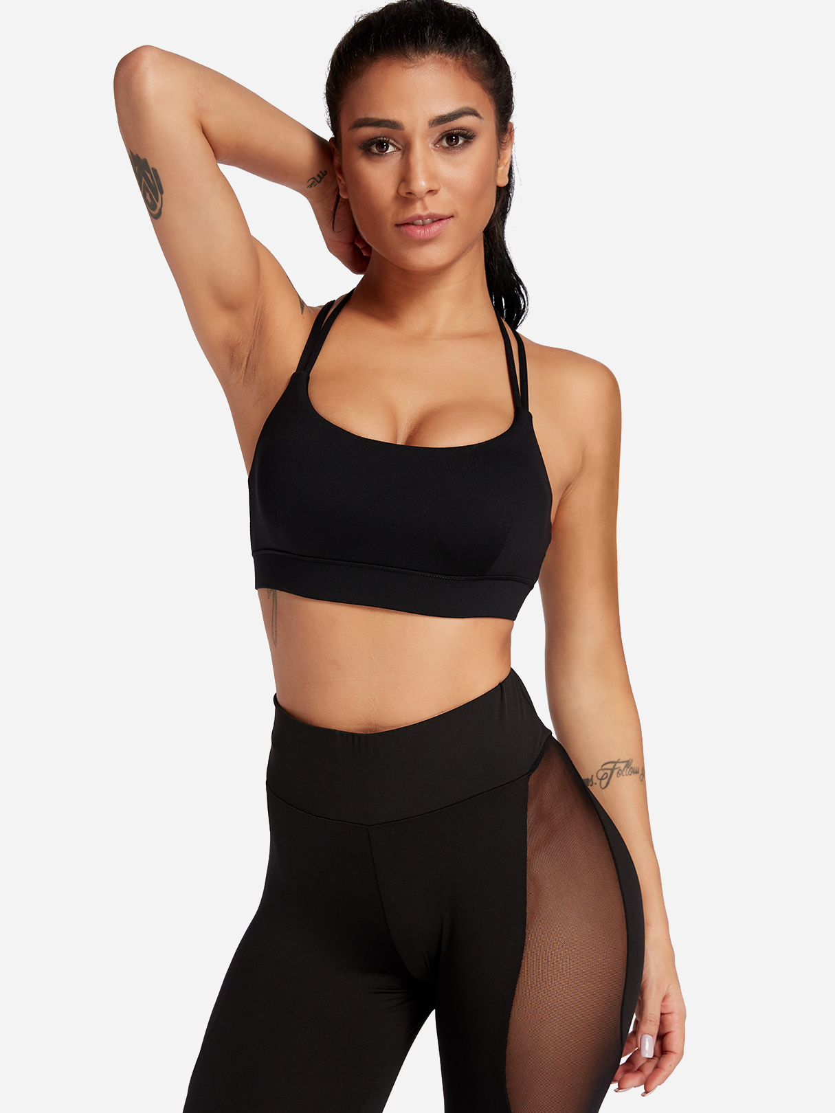 Medium Impact Anti-shock Round Neck Weave Design Sports Bra in Black