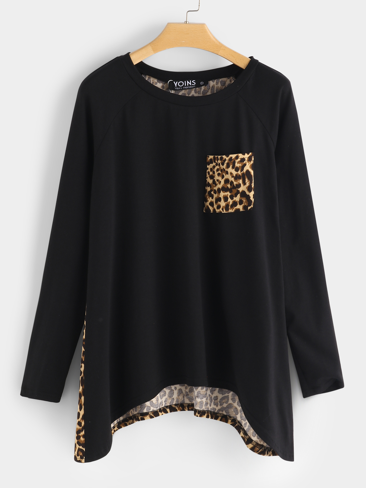 Black Side Pockets Leopard Round Neck Long Sleeves Irregular Hem Tee