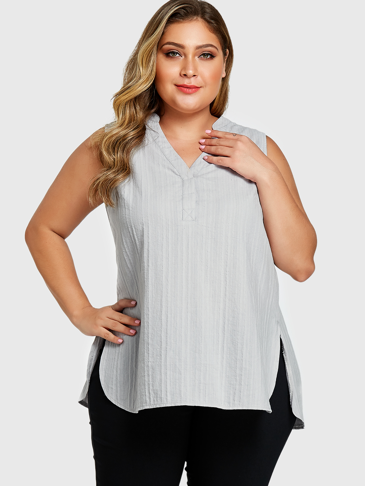 YOINS Plus Size Grey Slit Design V-neck Sleeveless Tank Top