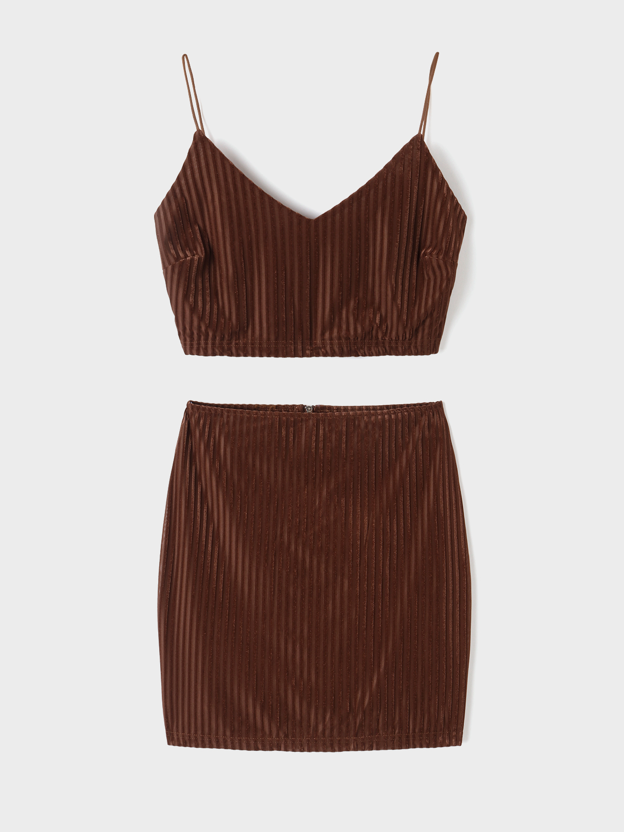 YOINS BASICS Brown Sexy V-neck Top & Mini Length Skirt Bodycon Co-ord