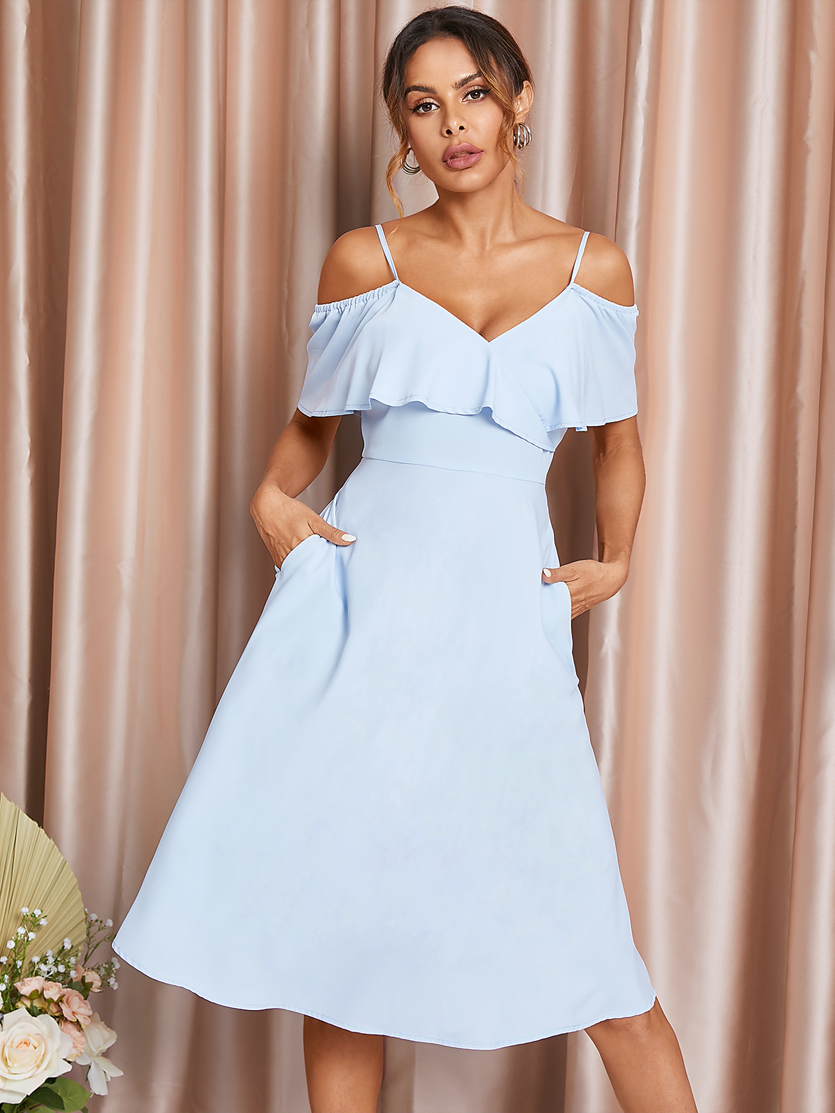 YOINS Cold Shoulder Side Pocket Ruffle Trim Short Sleeves Midi Dress