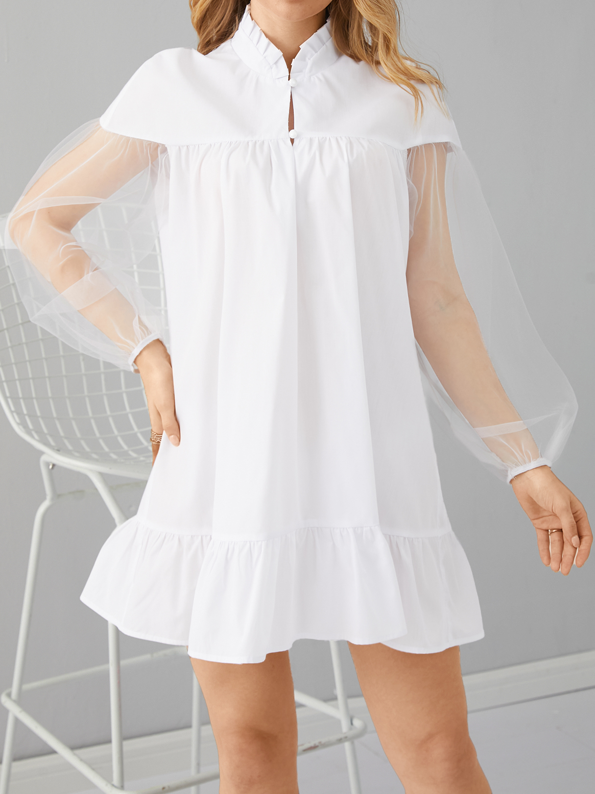 YOINS White Mesh Pleated design Ruffle Hem Mini Dress