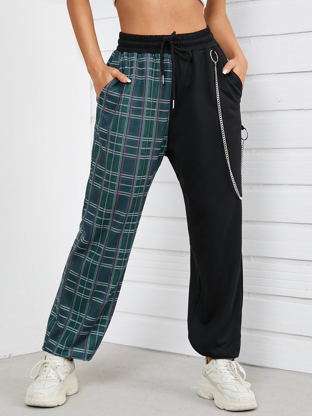 YOINS Black Plaid Patchwork Chain Design Pants