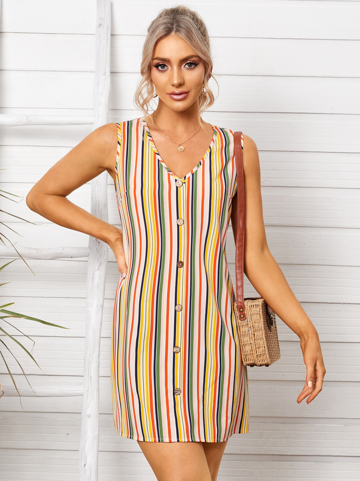 YOINS Yellow V-neck Striped Front Button Sleeveless Mini Dress