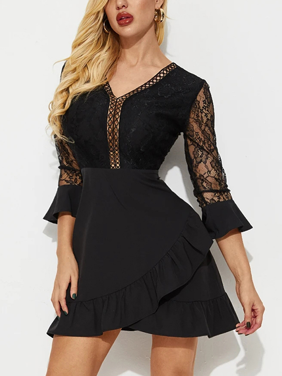 YOINS Black Hollow Lace Patchwork V-neck Bell Sleeves Dress