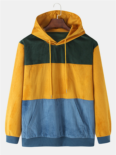 Men Color Block Patchwork Corduroy Casual Hoodie