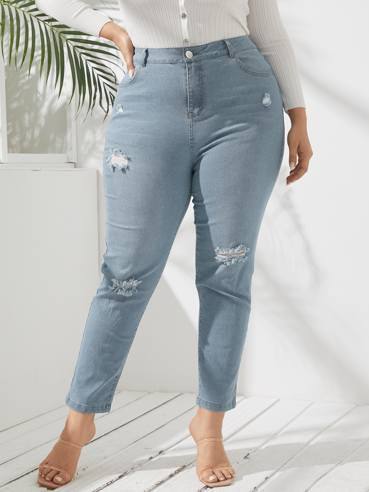 YOINS Plus Size Pocket Design Random Ripped Details Denim Pants