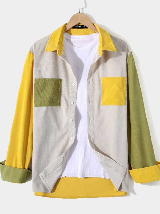 Men Casual Color Block Patchwork Pocket Corduroy Shirt