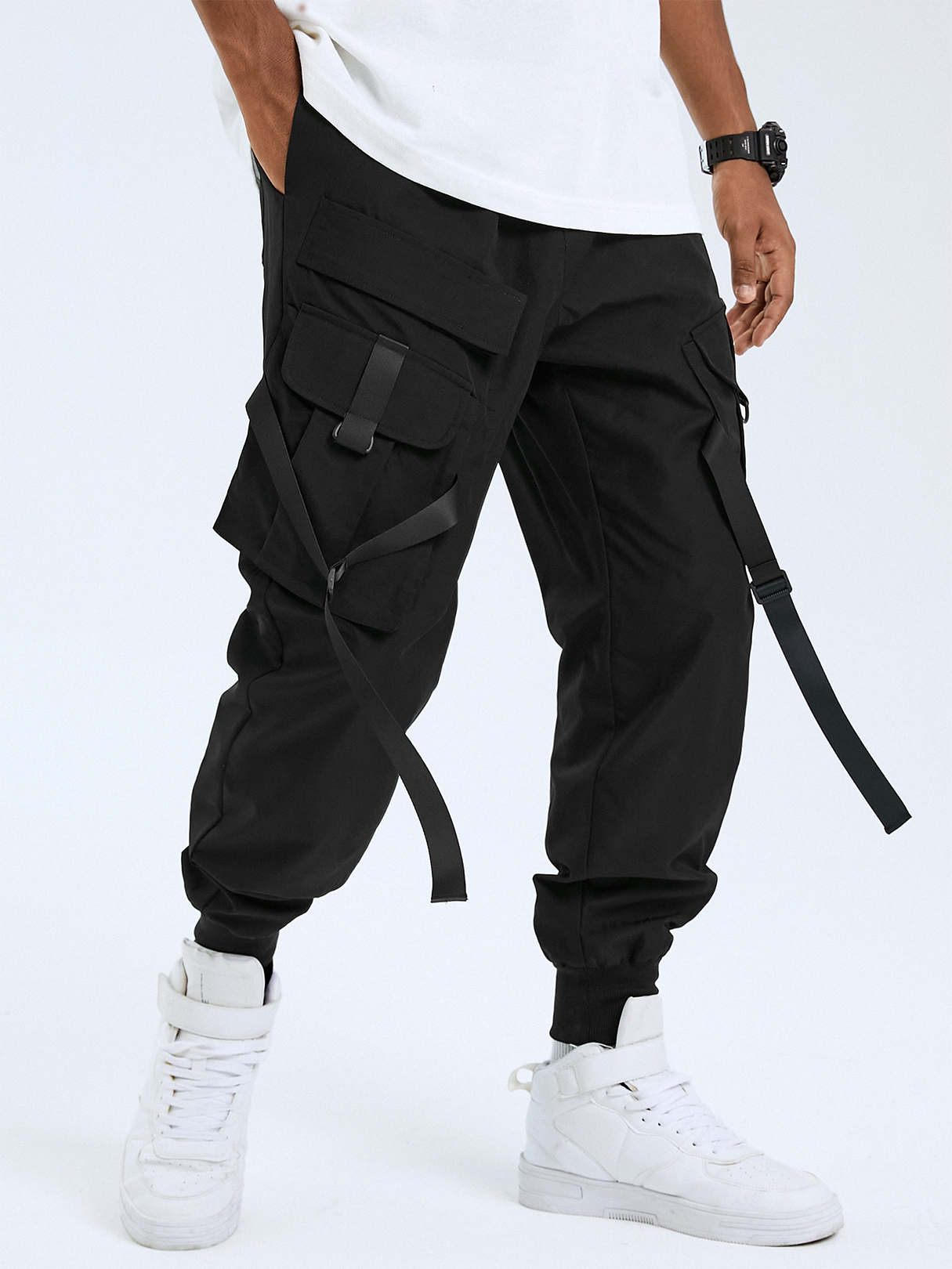 Men Casual Plain Buckle Ribbon Design Elastic Waist Cargo Pants