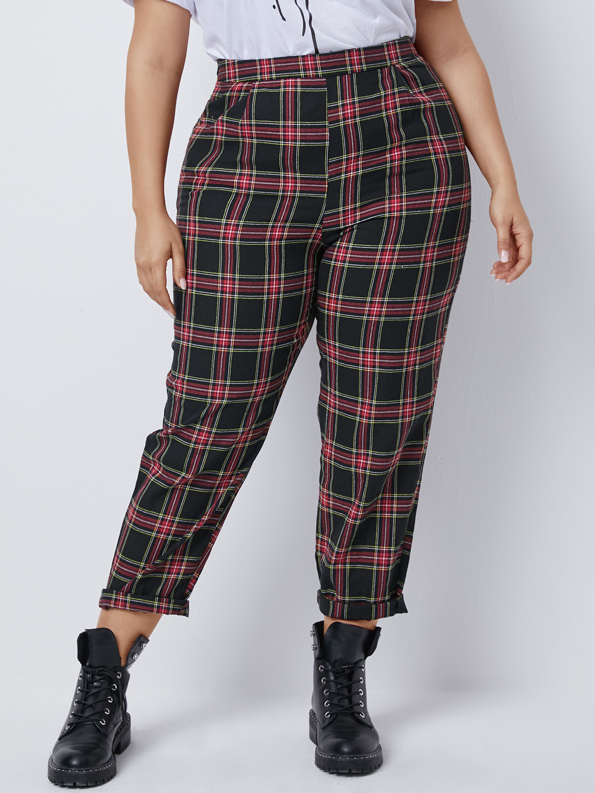 BASICS Plus Size Red Plaid Pants